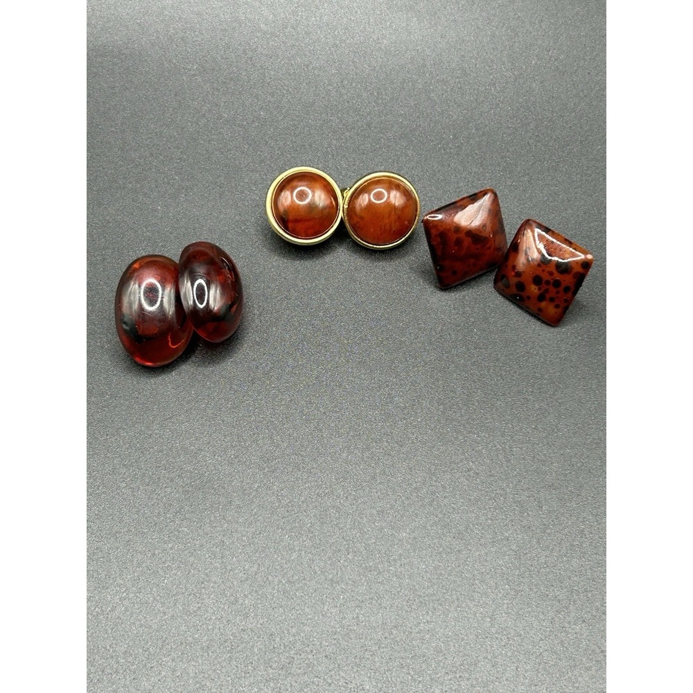 Set Of 3 Amber Colored Vintage Earrings | Unsigned | One Clip On